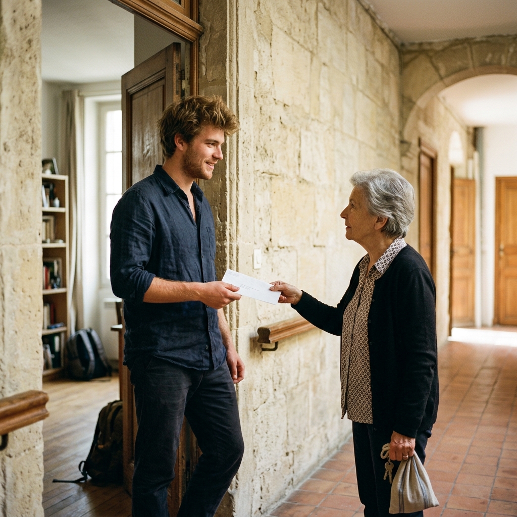 Julien receiving his mail from Madame Aubert in the doorway