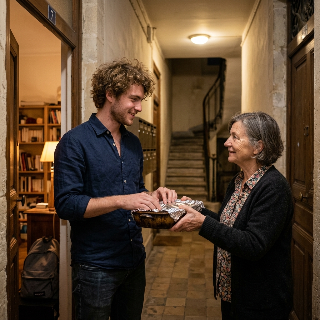 Julien receiving a warm gratin dish from Madame Aubert