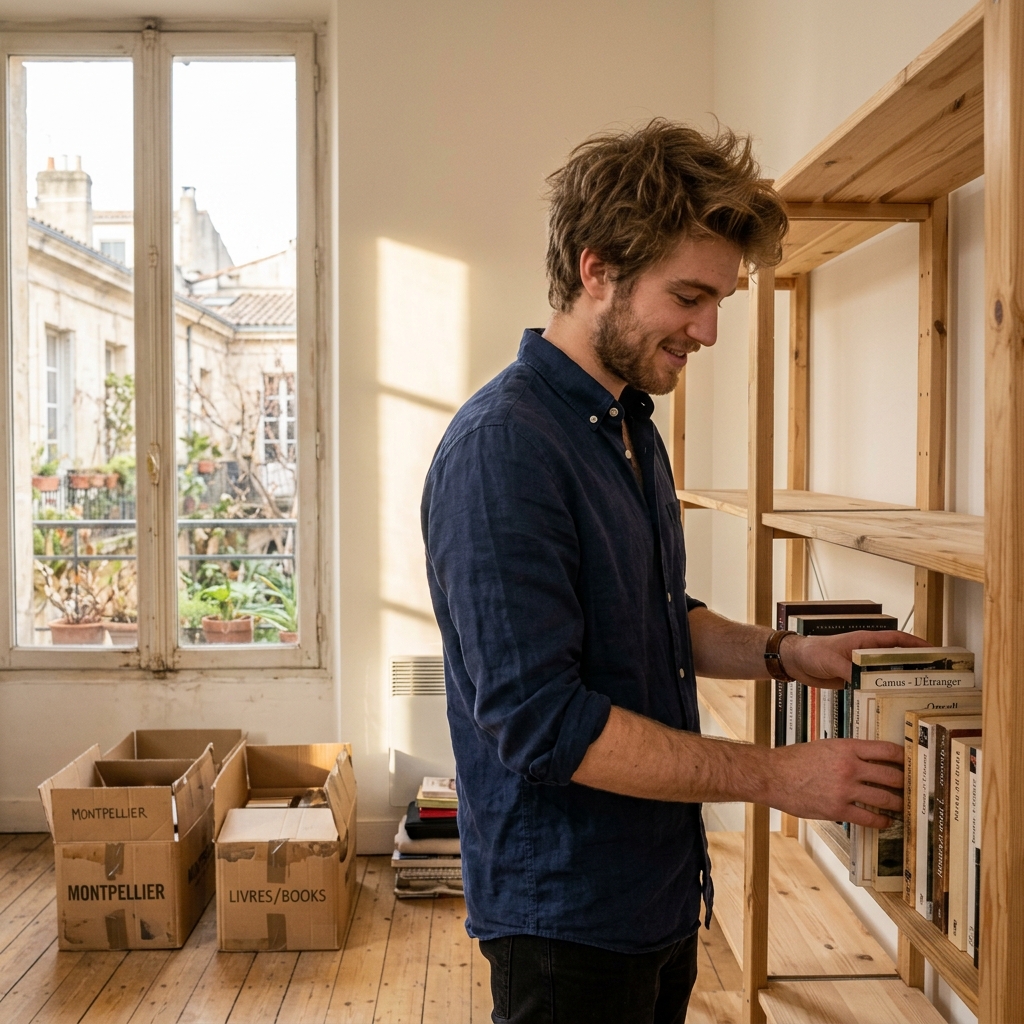 Julien arranging books in his new apartment in Montpellier