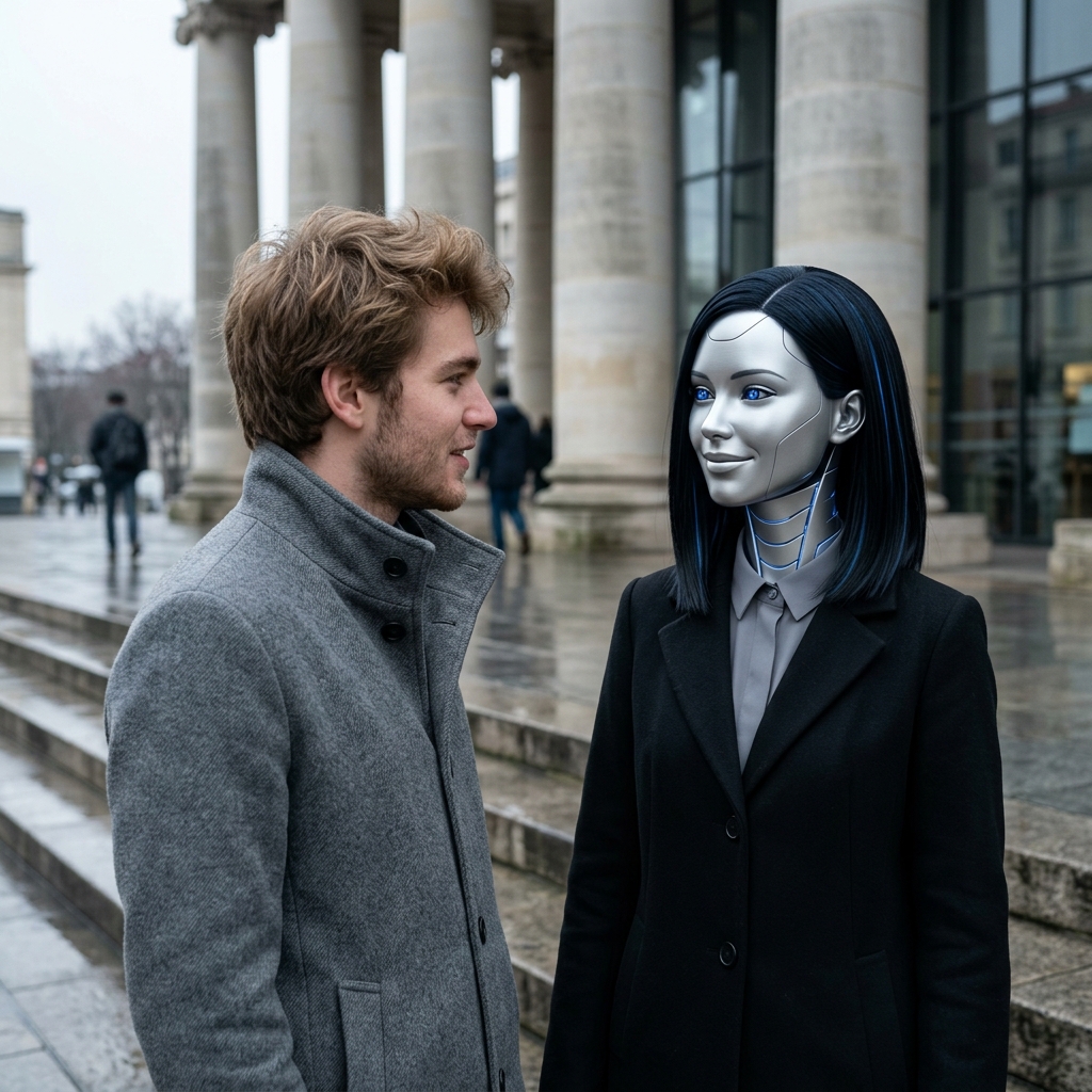 Julien and Lumière on the steps of the médiathèque in December