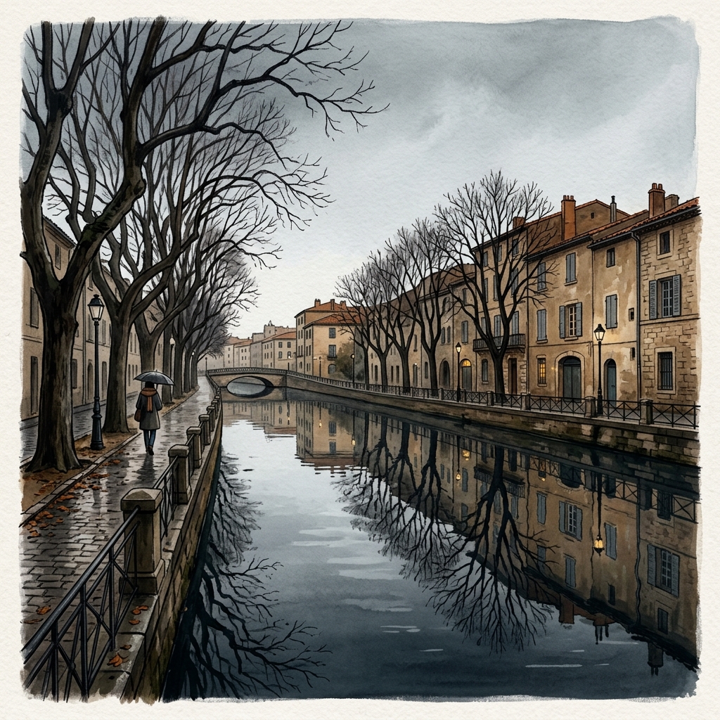 A quiet canal in Montpellier reflecting the winter sky