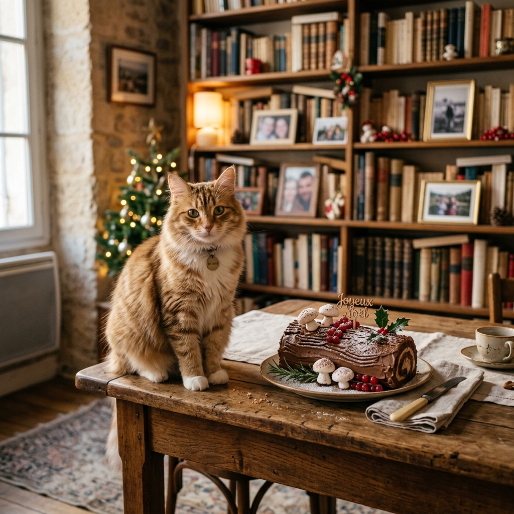 Madame Aubert's cat Voltaire on the dining table next to a bûche de Noël