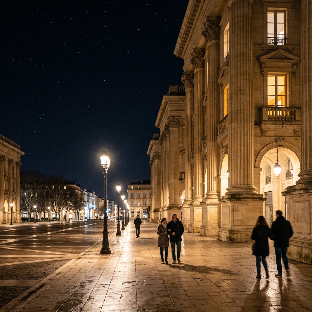 The Antigone columns standing tall under street lamps on a crisp, starry night in Montpellier