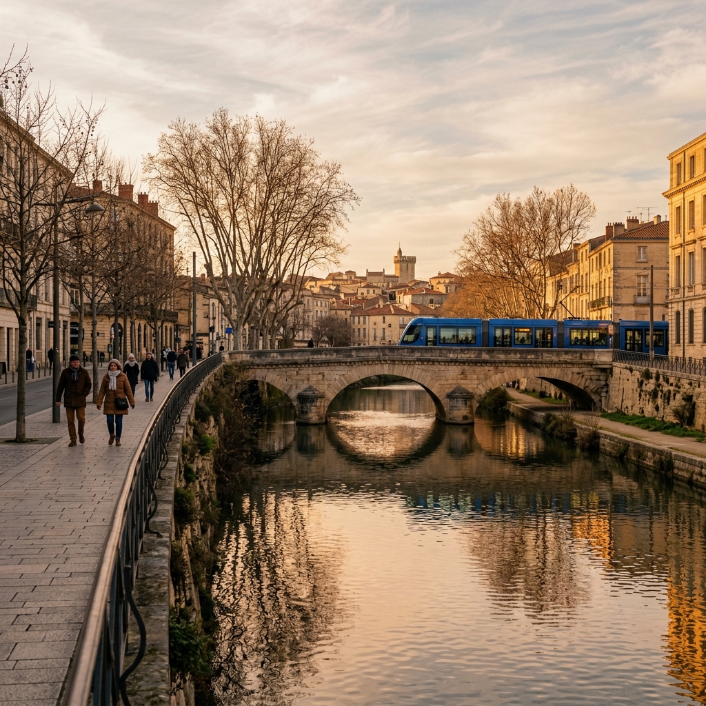 Montpellier's Lez river reflecting bare plane trees and historic stone buildings in crisp late afternoon winter light