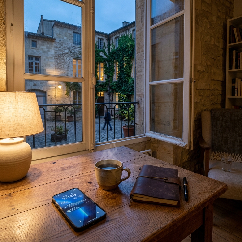 A hot cup of coffee, closed leather notebook, and a phone lying face-up in a Montpellier apartment during twilight looking out a window onto a quiet stone courtyard