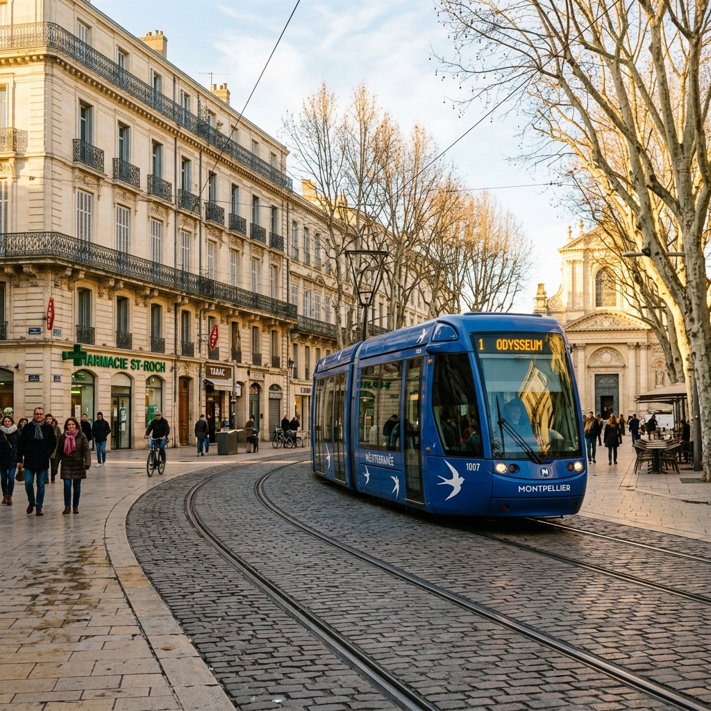 A modern blue tram with white swallow design passing historic stone buildings in Montpellier in February late afternoon sun
