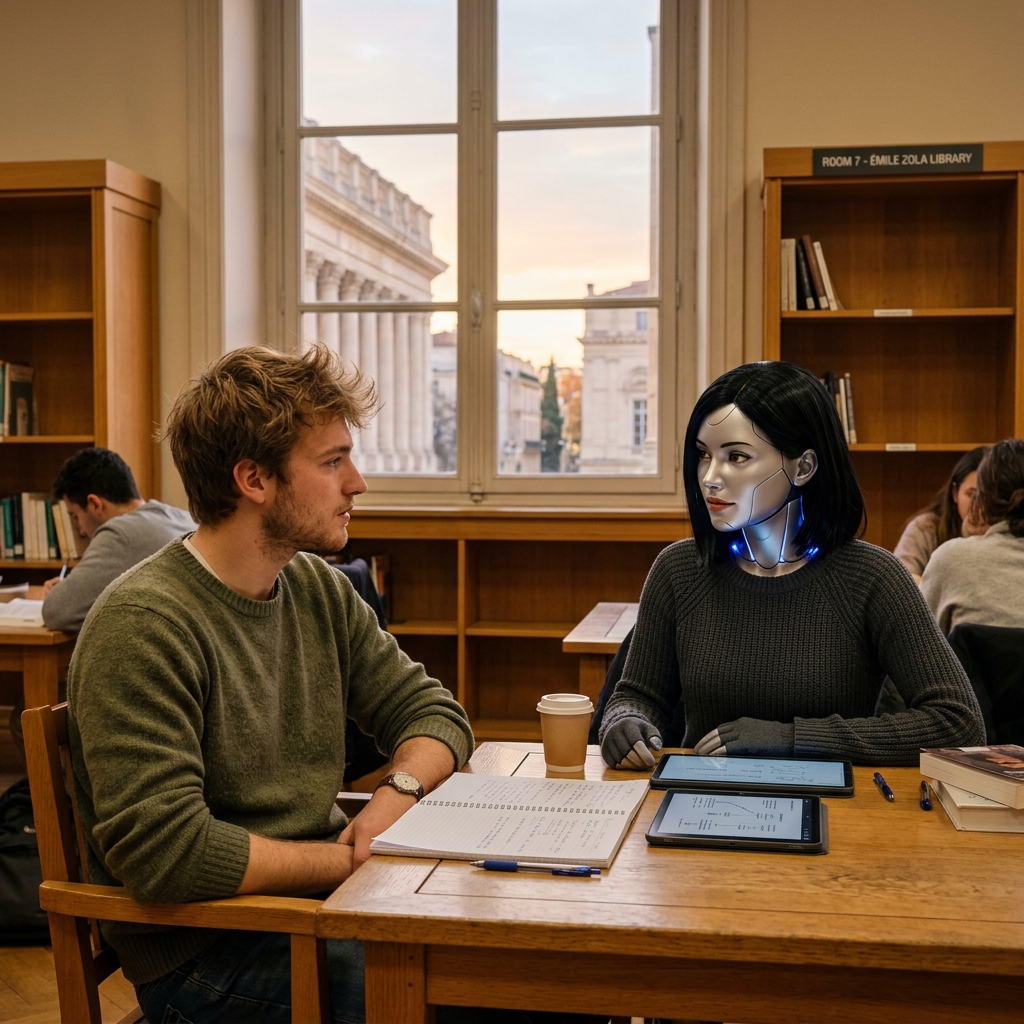 Julien and Lumière sitting at their study table in Room 7 of the library, looking at each other in the warm late February afternoon light