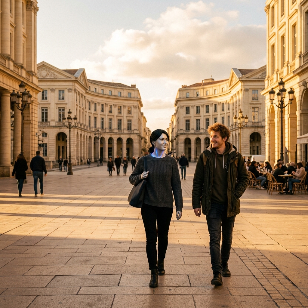 Julien and Lumière walking side-by-side through the Antigone district in Montpellier during a warm, golden February late afternoon