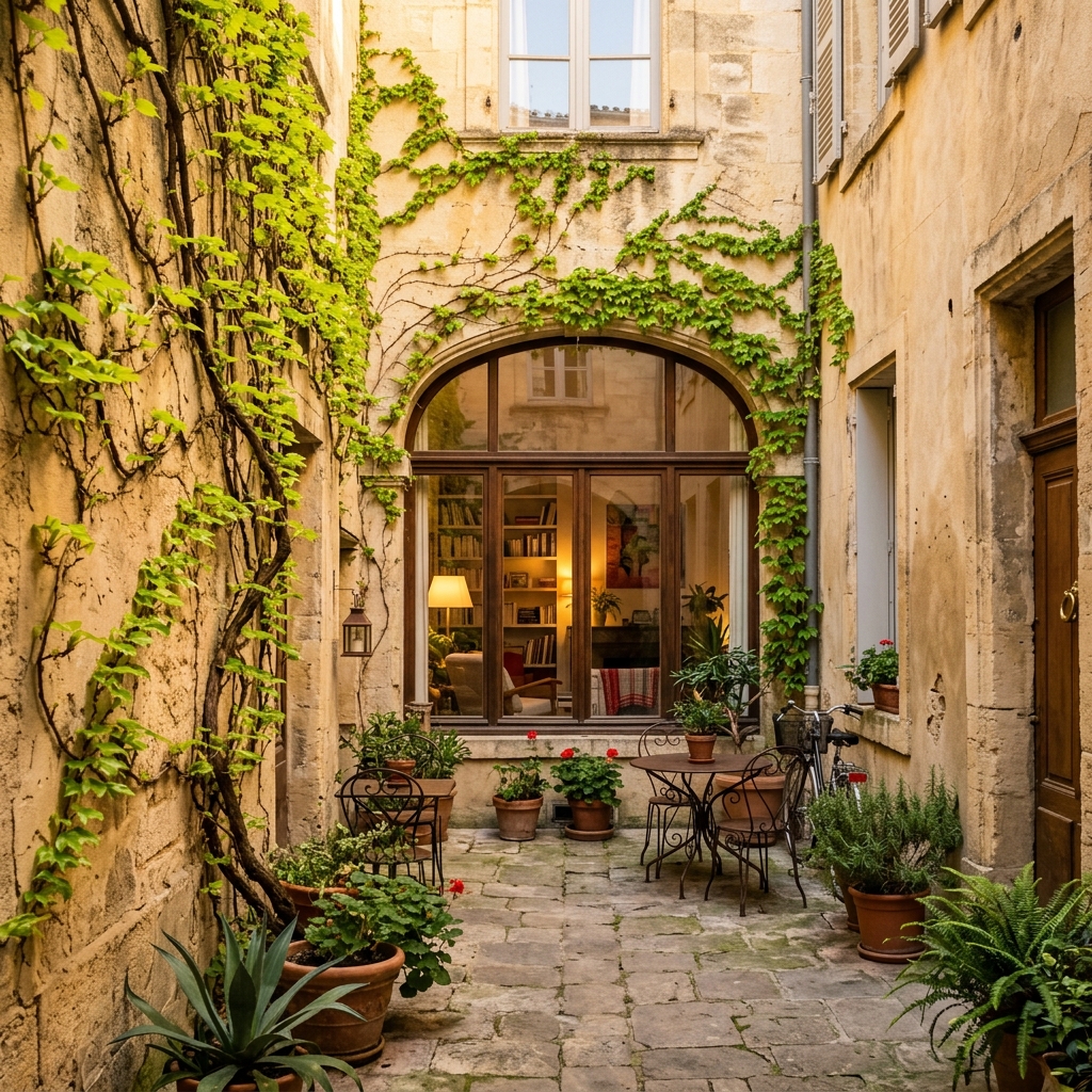Montpellier courtyard in early March with warm sun on cream stone walls and fresh spring buds on climbing vine