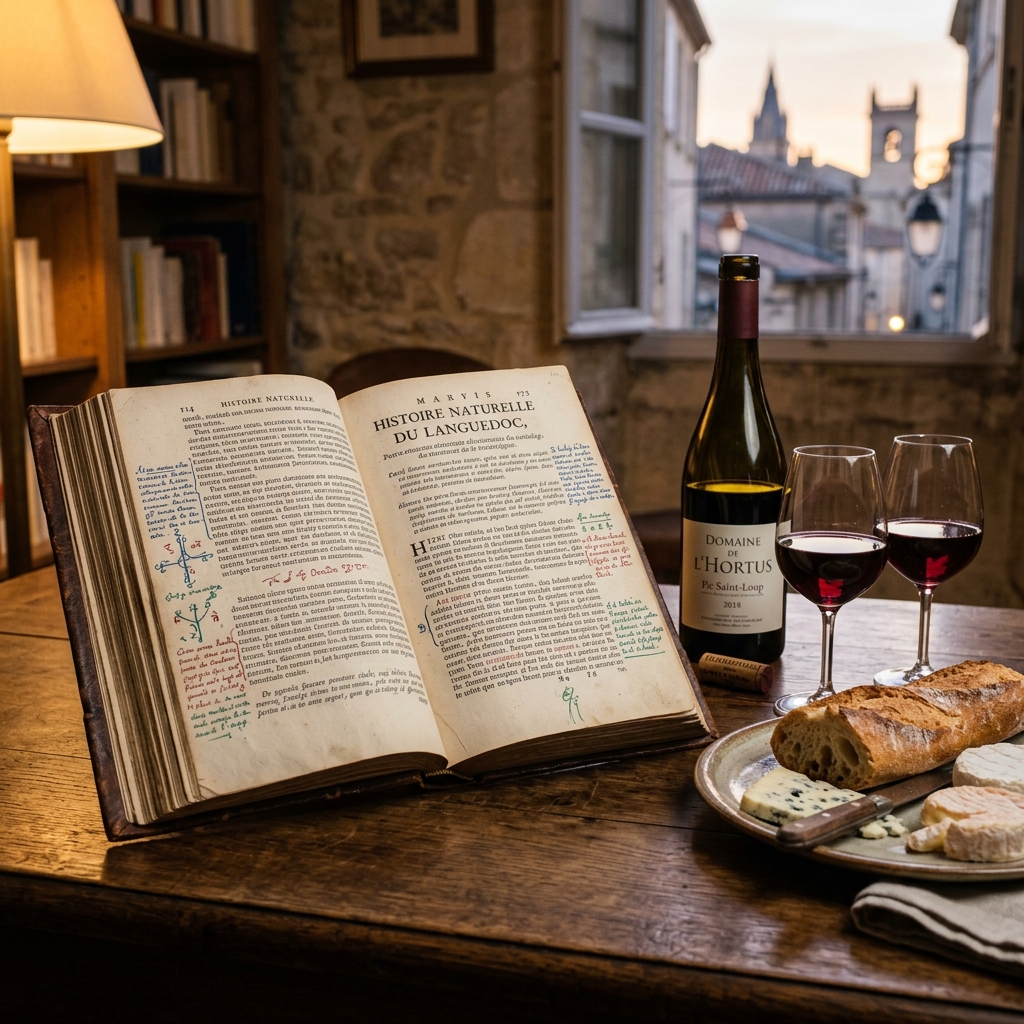 Open book with red, green, and blue margin notes, red wine, cheese, and two glasses catching the warm evening light in Montpellier
