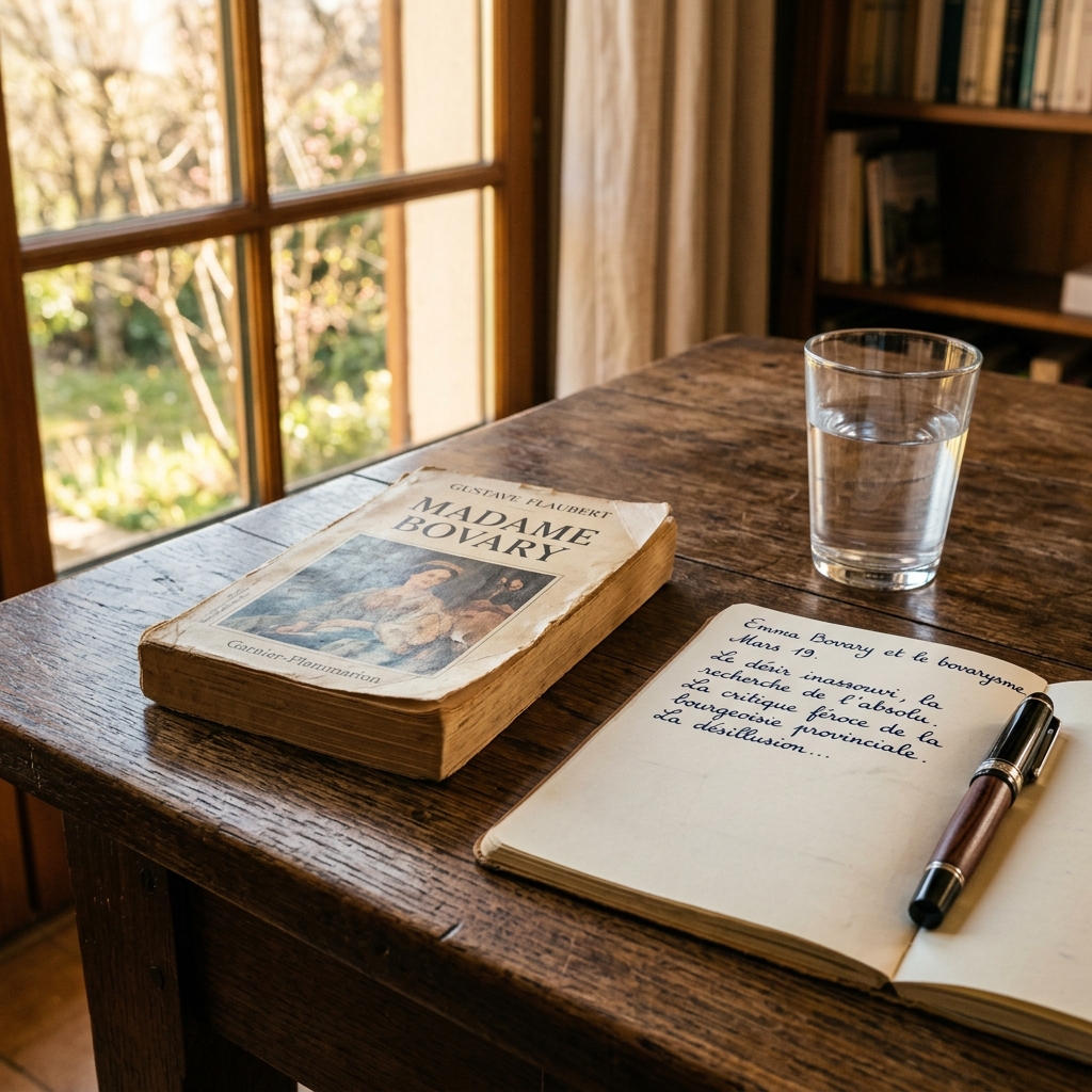 Open copy of Madame Bovary with a cracked spine sitting on a textured dark wood table in warm March light