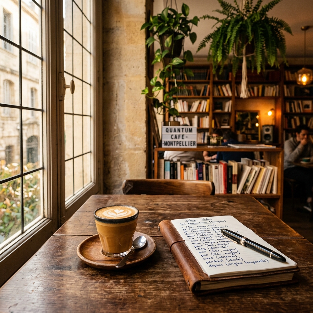  Steaming cortado coffee cup on a wood cafe table next to a leather notebook open with handwritten French prepositions in warm sunlight