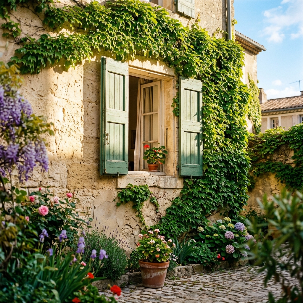 Sunny limestone courtyard in Montpellier with a lush green vine crawling up the wall in warm spring light