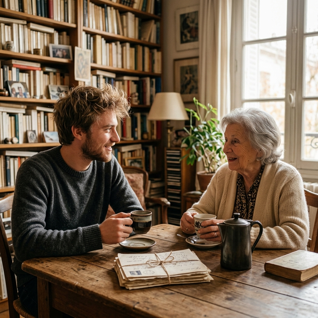 Julien and Madame Aubert sitting at a wooden dining table in her cozy, vintage apartment, drinking coffee and looking warmly at a stack of aged letters in soft morning light