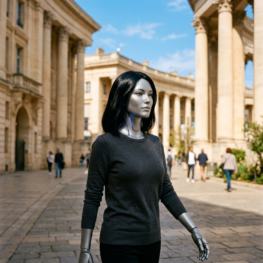 Lumière walking in the neoclassical Antigone district under warm bright April sun, with a serene and resolved expression