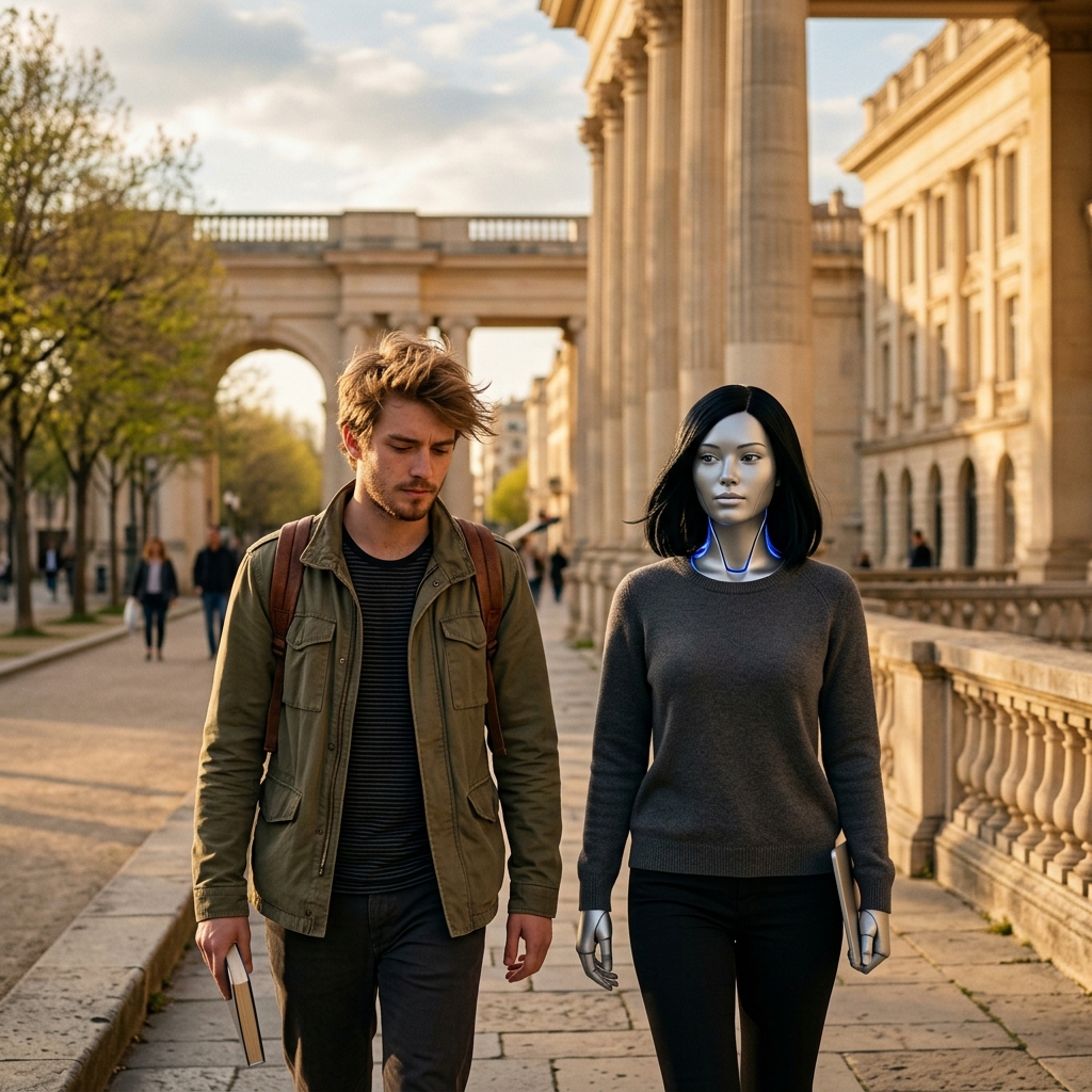 Julien and Lumière walking side-by-side through the neoclassical Antigone district in Montpellier during a warm, golden late afternoon in April