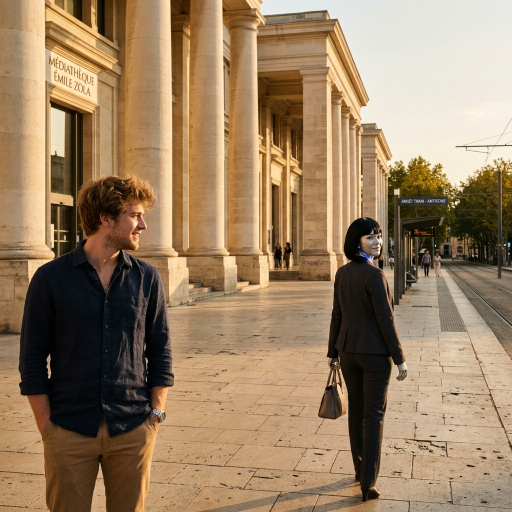 Julien and Lumière parting outside the Médiathèque centrale Émile Zola