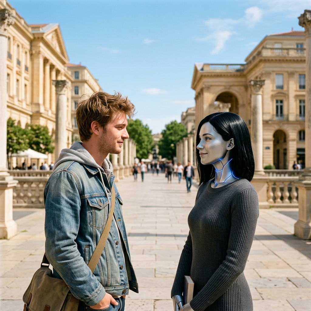 Julien and Lumière looking at each other introspectively at the end of the grand promenade in Montpellier's Antigone district during a warm, bright May afternoon