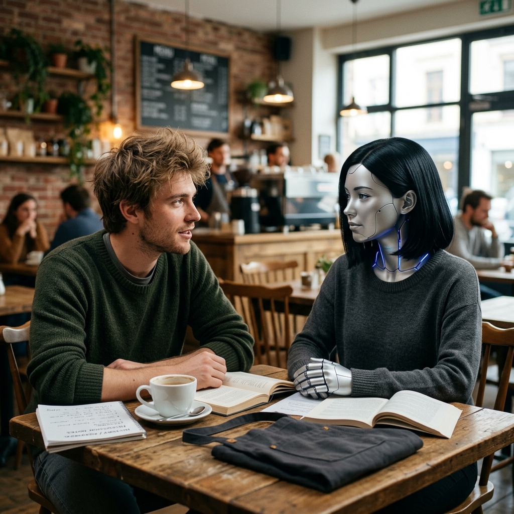 Julien and Lumière sitting across from each other at a small round wooden table in the corner of the Quantum Café in Montpellier