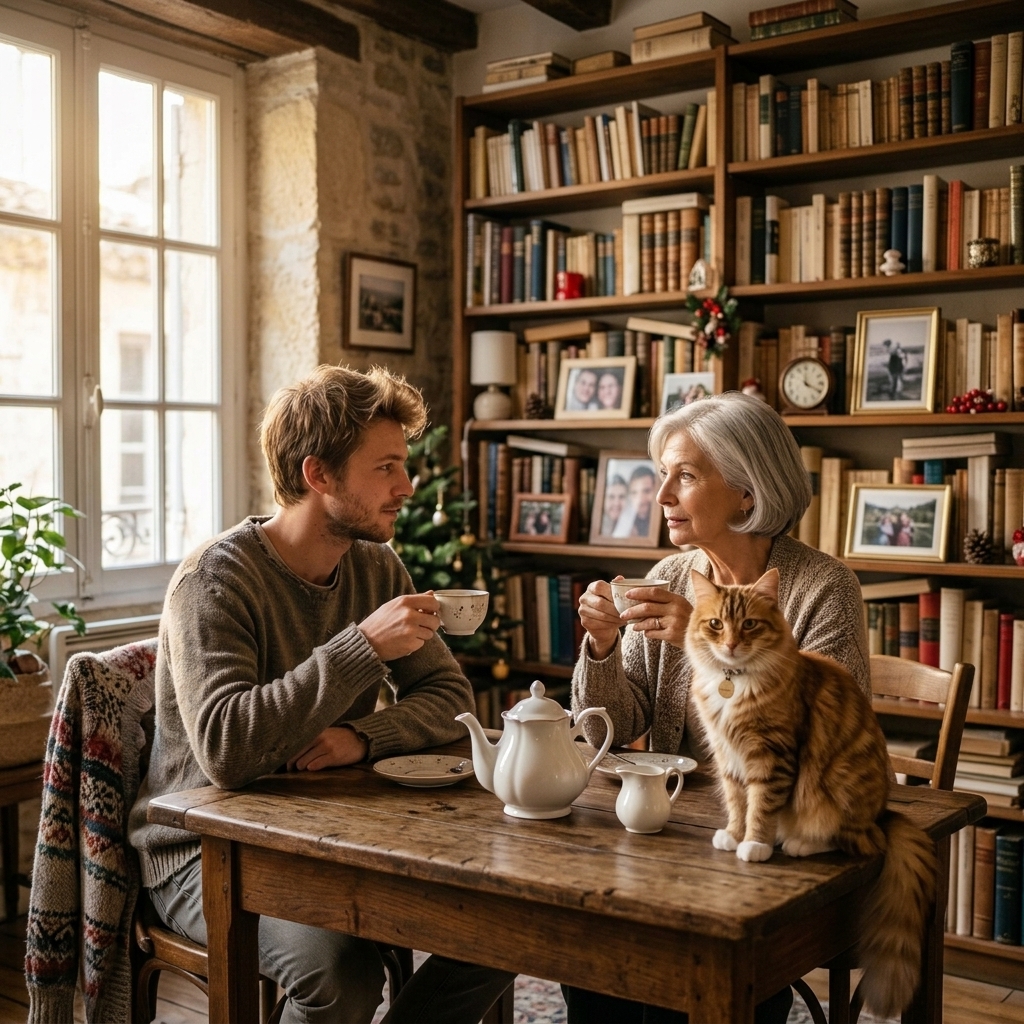 Julien having tea with Madame Aubert in her warm Montpellier apartment, with her cat contentedly sitting on the table