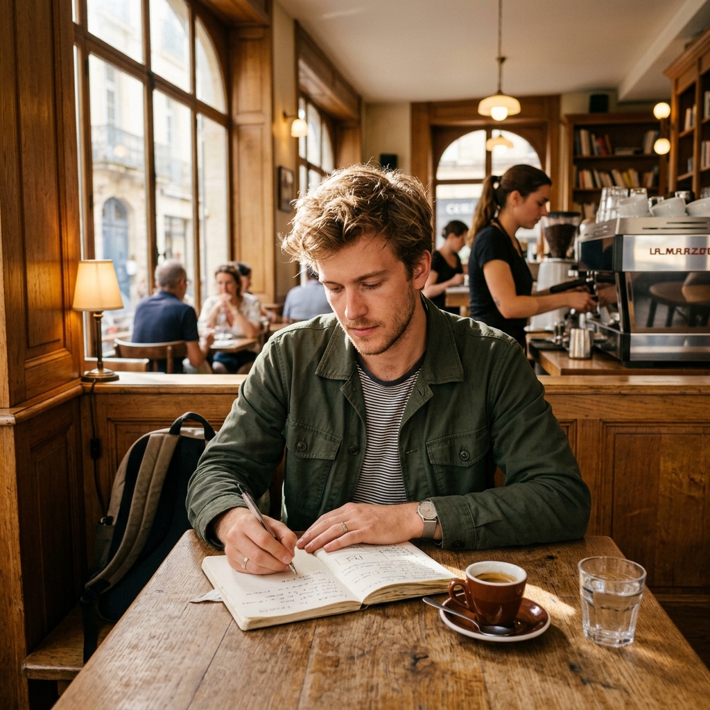 Julien sitting at a corner table inside a cozy Montpellier café on a bright June morning, with his notebook open