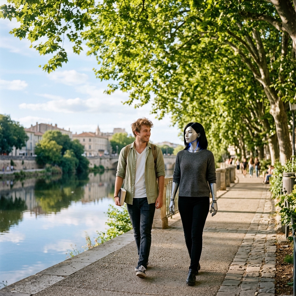 Julien and Lumière walking side-by-side along the banks of the Lez river on a warm June afternoon