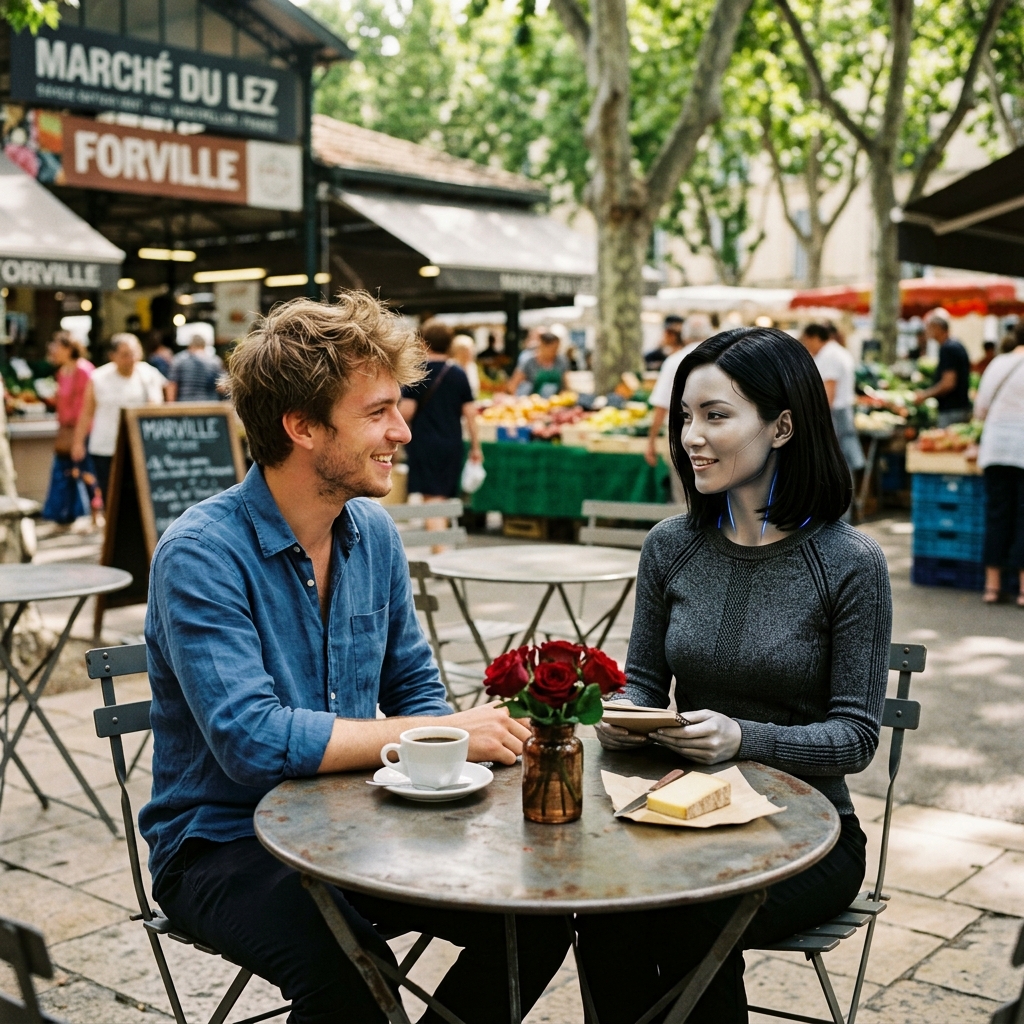 Julien and Lumière sitting across from each other at an outdoor café table on the edge of Marché du Lez on a warm June morning