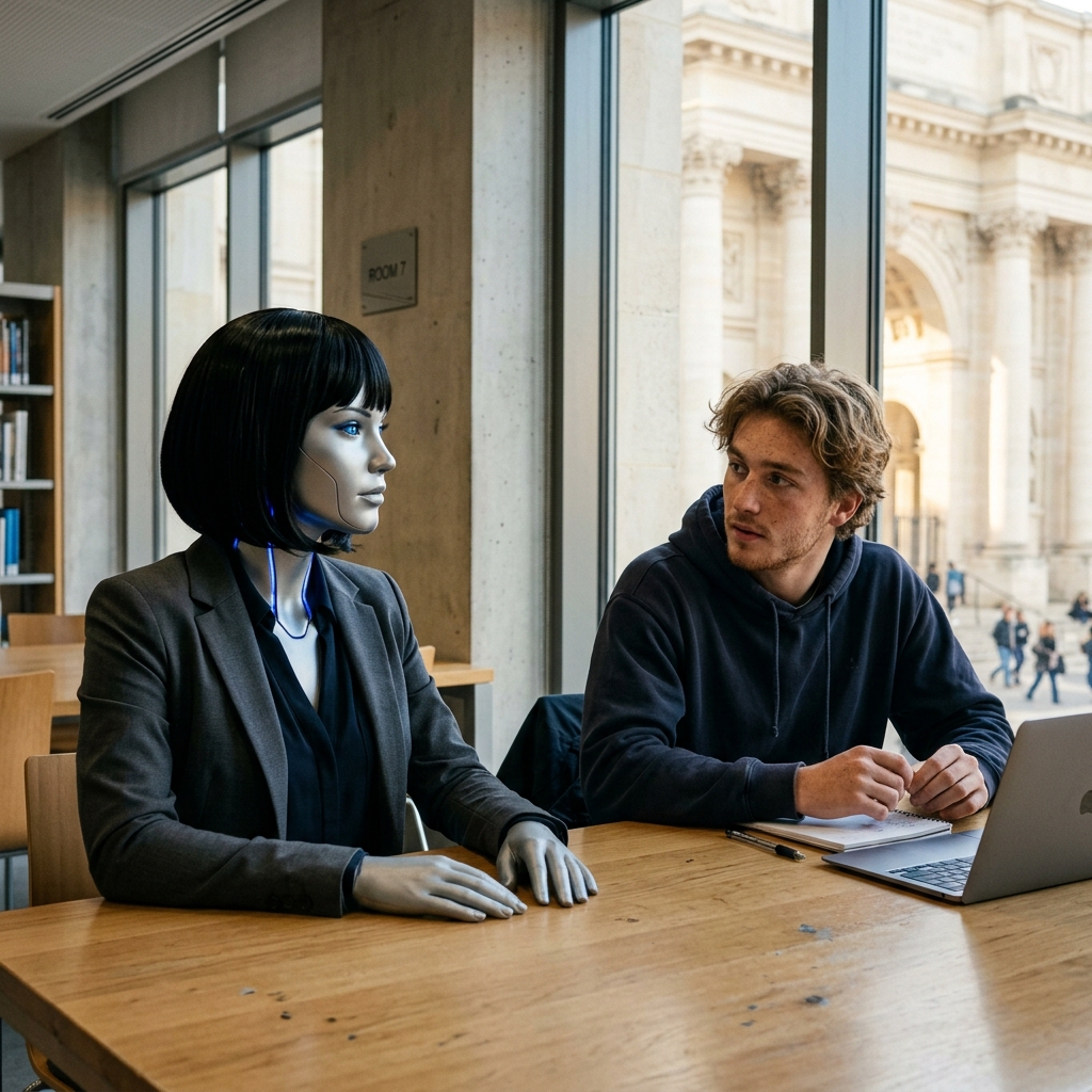 Julien and Lumière discussing the verb être in study Room 7