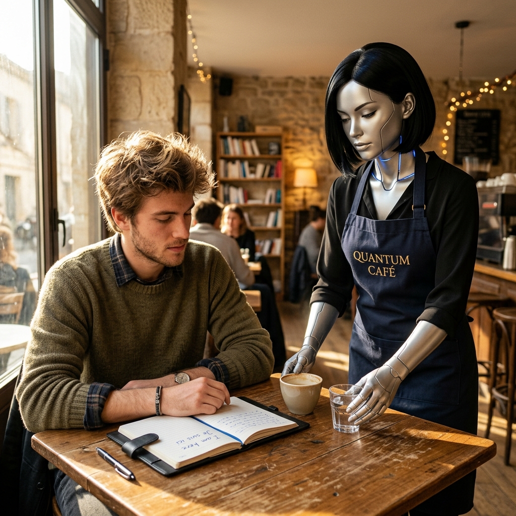 Lumière serving water to Julien in the Quantum Café