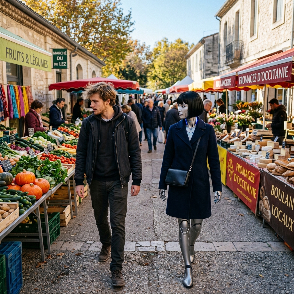 Julien and Lumière studying verbs at Marché du Lez