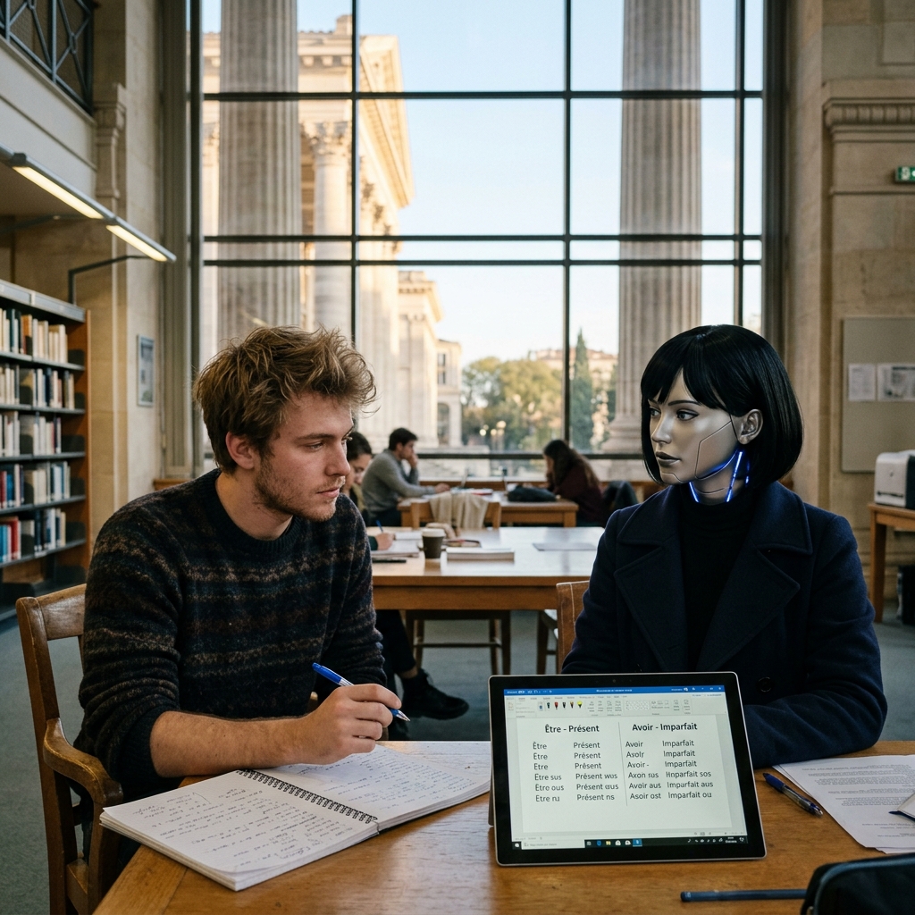 Julien and Lumière studying verbs in Room 7 of the library