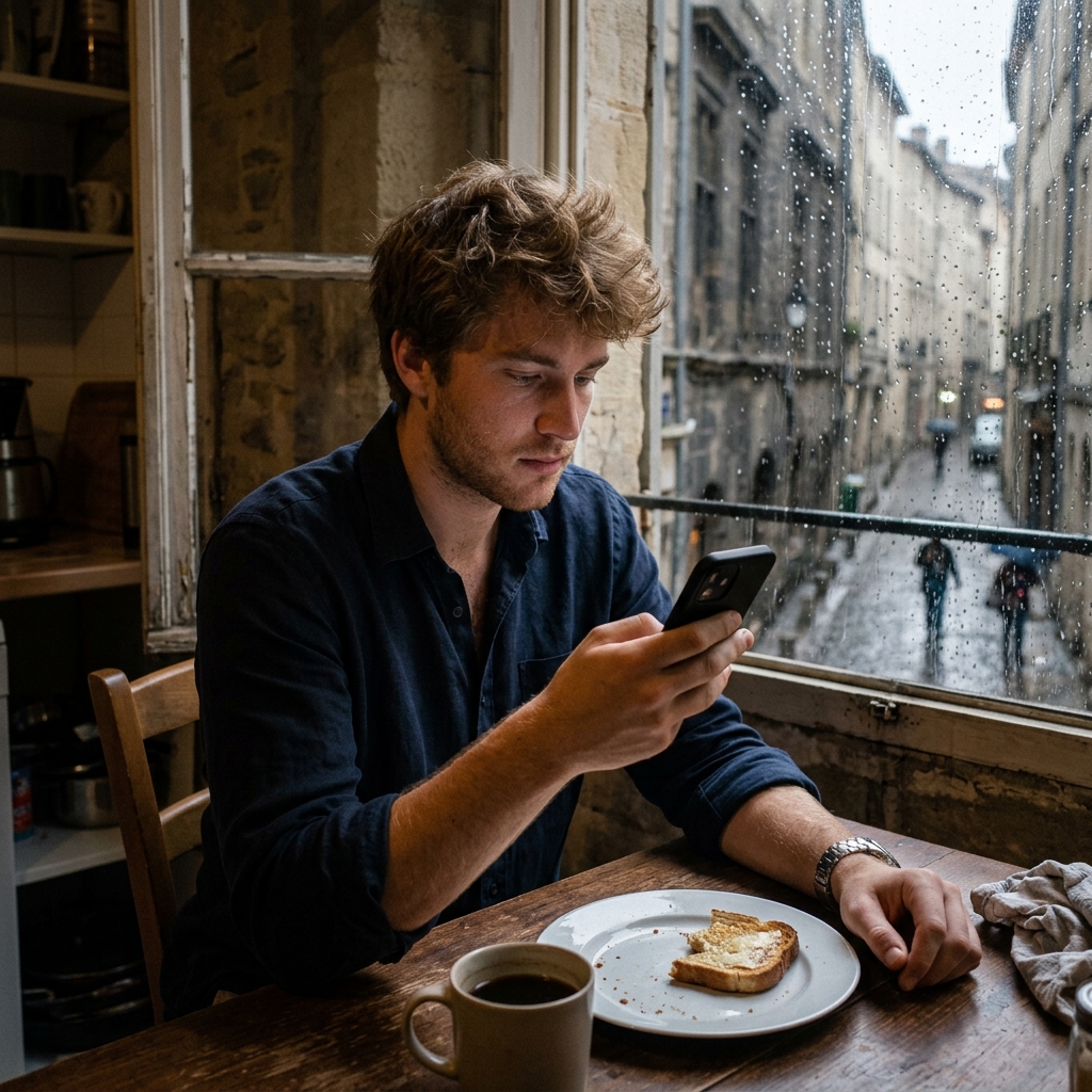 Julien looking at an email on his phone on a rainy morning in Montpellier