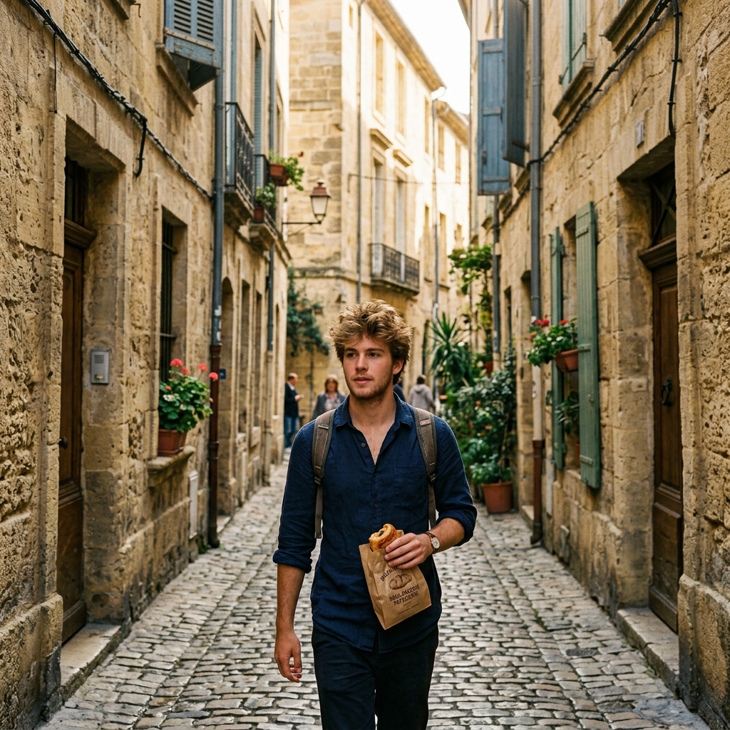 Julien walking in the narrow streets of Montpellier in the mild November afternoon