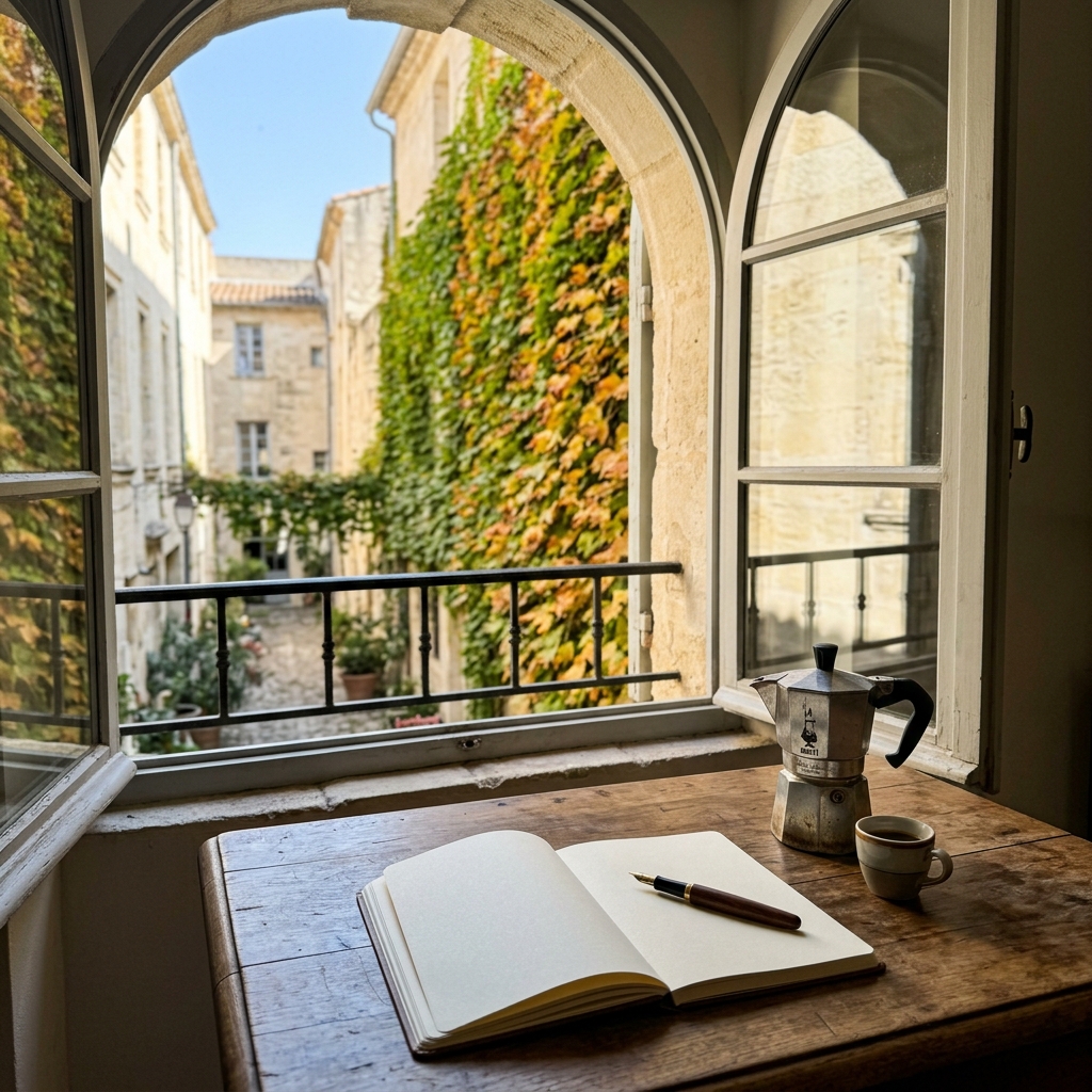 A wooden table beside an open apartment window in Montpellier on a bright September morning with a notebook and cafetière, looking out at a courtyard climbing vine